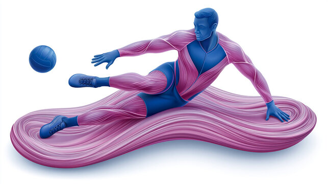 Athlete performing a dynamic pose on a pink wavy surface with a blue ball