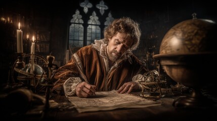 Obraz premium Europe medieval lifestyle. A detailed, atmospheric portrayal of a man in a richly detailed medieval setting. He sits at a wooden table, engrossed in writing with a quill.
