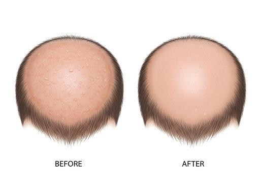 Before and after hair transplant results on balding man top view comparison