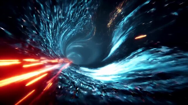 Space universe exploration, fantasy, mysterious. A vivid digital artwork depicts a turbulent, swirling vortex of light and shadow. The vortex is a mesmerizing blend of blue and white hues.
