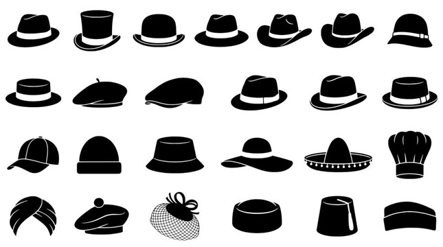 Hats vector icon set with varied styles including fedora, cap, straw hat, and beanie for fashion and style design