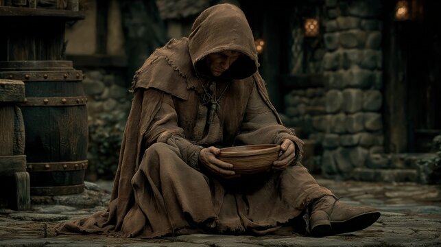 Europe medieval lifestyle. A moody, atmospheric portrayal of a solitary figure seated on a cobblestone street. The figure wears a hooded robe with frayed edges and a pendant necklace.