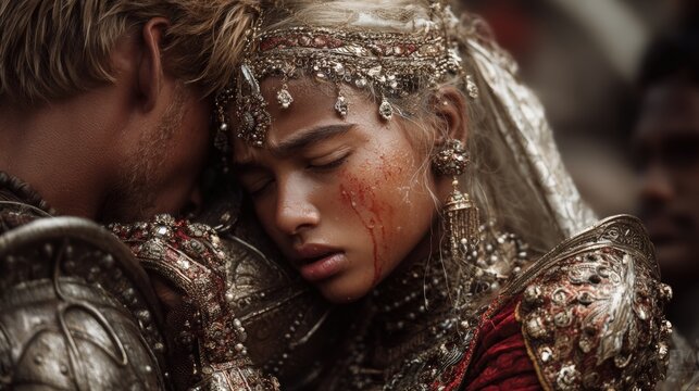 Europe medieval lifestyle. A closeup of a man and a woman in ornate, medievalstyle clothing. The woman wears a headpiece adorned with intricate silver and red embellishments.