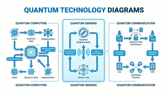 Quantum Technology Infrastructure Infographic with Computing Sensing and Communication