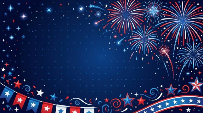 Glowing Blue Fireworks Night Sky Background with Patriotic Ribbon Border