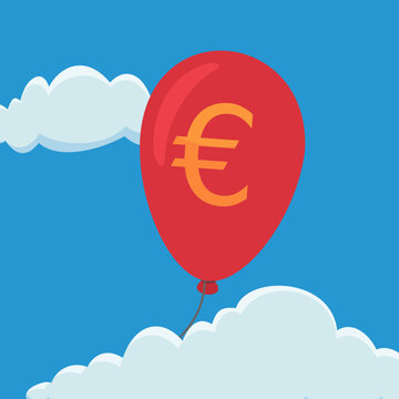 Red balloon with a euro symbol flying high above clouds representing economic inflation, currency overvaluation, financial speculation, and market growth.