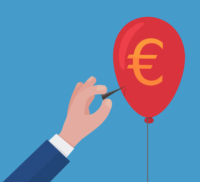 Businessman hand piercing a red balloon with a euro symbol using a needle, representing market speculation, financial collapse, monetary inflation, and economic risk.