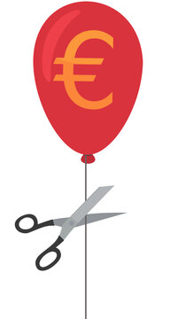 Scissors cutting the string of a red euro symbol balloon, representing uncontrolled inflation, currency devaluation, financial separation, and market risk. (cut out)