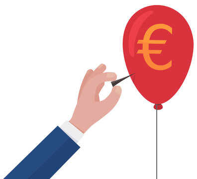 Businessman hand piercing a red balloon with a euro symbol using a needle, representing market speculation, financial collapse, monetary inflation, and economic risk. (cut out)