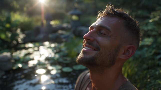 A handsome, smiling young guy with a beard relaxes outdoors in a park, showing a happy expression in a close-up portrait