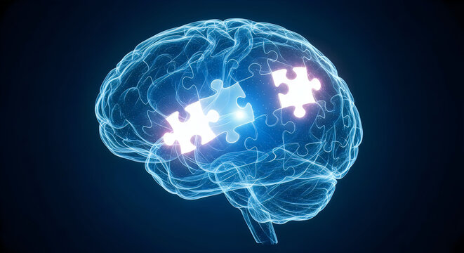 Human brain with missing puzzle pieces conceptual illustration