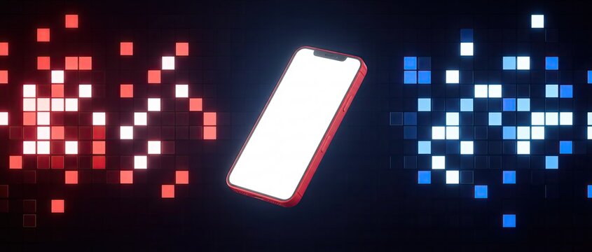 A glowing smartphone floating amidst scattered red and blue digital pixels on a dark background.