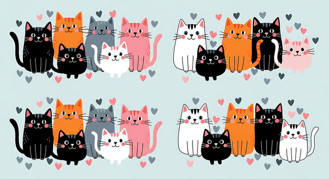 Cute cats pattern with hearts colorful cartoon animal illustration on light blue background