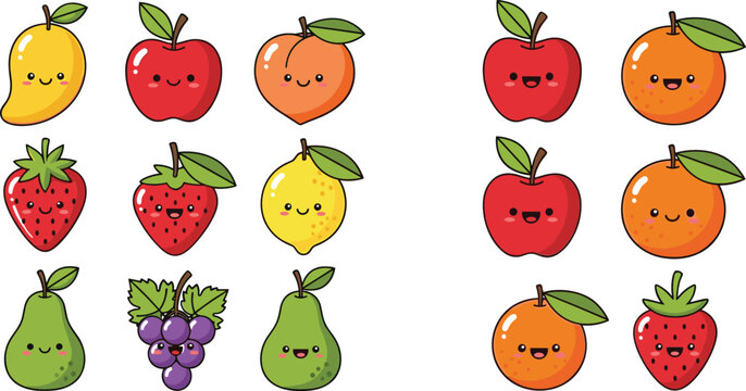 Cute kawaii fruit cartoon vector illustration set featuring smiling apple orange strawberry pear grape and mango characters in playful flat style isolated