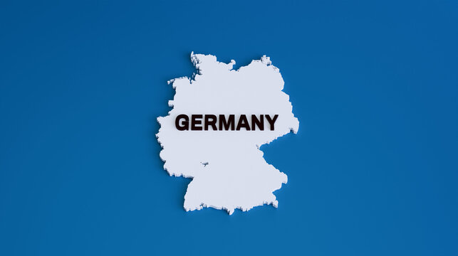 Germany 3D Map Model with Bold Text Label on Blue Background &mdash; 3D Render of White Geographic Map of Germany for Political, Business, Travel and Editorial Design Concepts