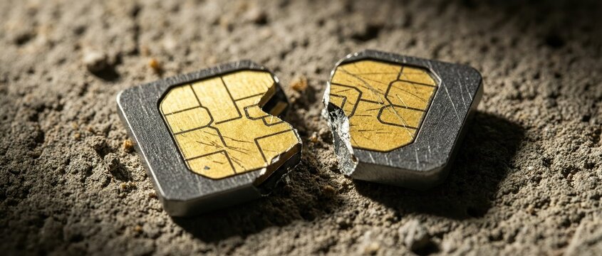 Two broken SIM cards lie on a textured surface, highlighting damaged electronic components under direct lighting.