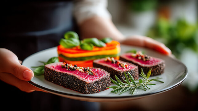 Tuna steaks with a colorful vegetable stack and rosemary garnish sesame seeds food preparation