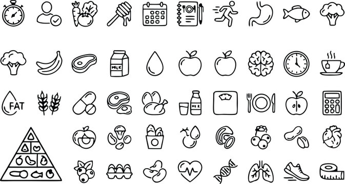 Comprehensive hand drawn outline icon set for health nutrition diet fitness and healthy food lifestyle concepts