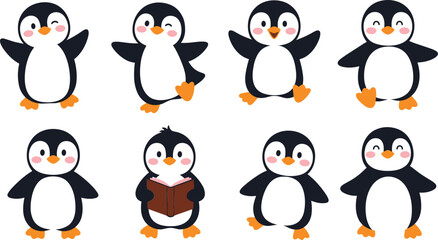 Cute penguin cartoon vector illustration set featuring adorable baby penguins in different poses including reading and dancing in flat style isolated © Md