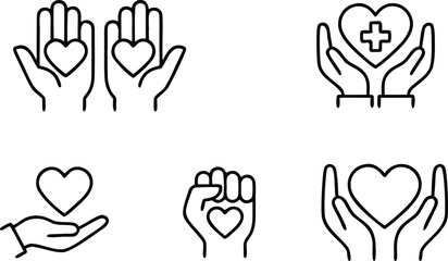 Fototapeta premium Outline vector icon set featuring hands holding hearts for charity healthcare volunteer work empathy and donation concepts