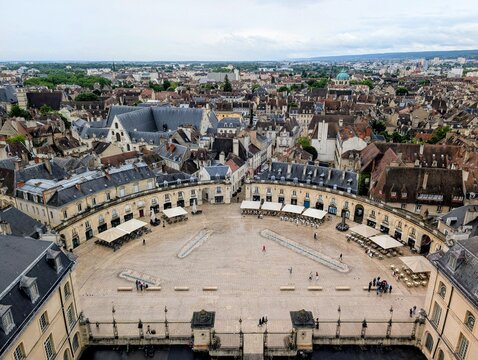 Aerial view of place de la Liberation in Dijon from the Tower of Philippe le Bon in the Palais des Ducs on a cloudy day, France - May 2026