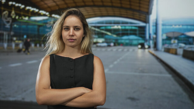 Woman with arms crossed at airport terminal drop off lane wearing black dress, blonde hair visible and direct gaze toward camera; confidence.