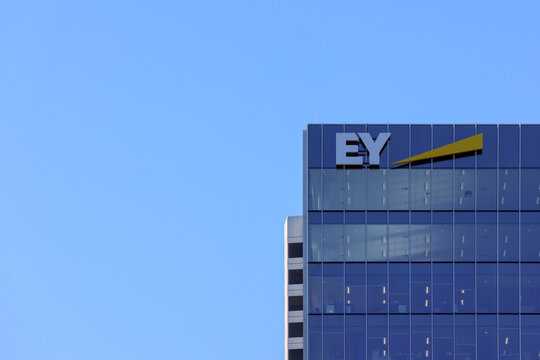 Perth, Western Australia, Australia - May 8 2026: EY logo, sign building exterior, skyline. Previously known as Ernst & Young. Consulting, assurance, tax, audit, information technology, cybersecurity