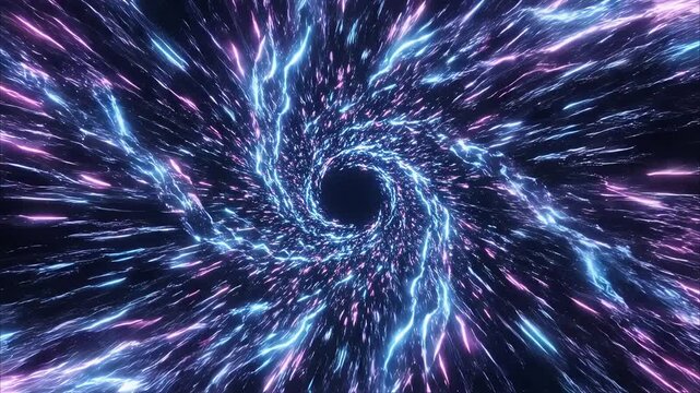 Vibrant purple blue lights swirl around a black hole creating a mesmerizing cosmic tunnel effect in space