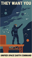 Retro Futuristic Space Recruitment Poster with Soldier and Spaceships Flat Design Illustration © Rifqi