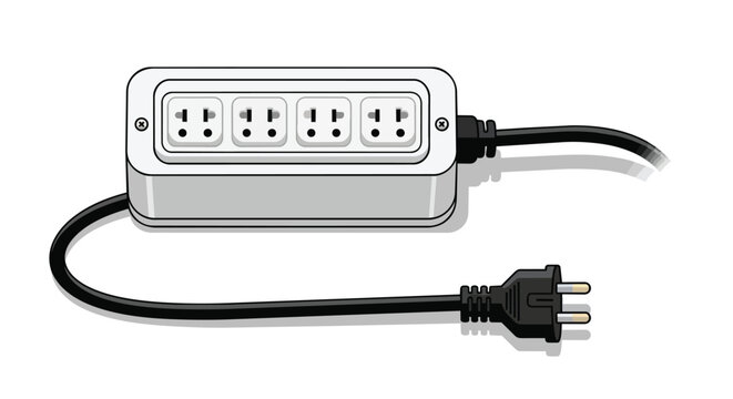 White Power Strip Extension Cord Illustration with Four Outlets and Black Plug
