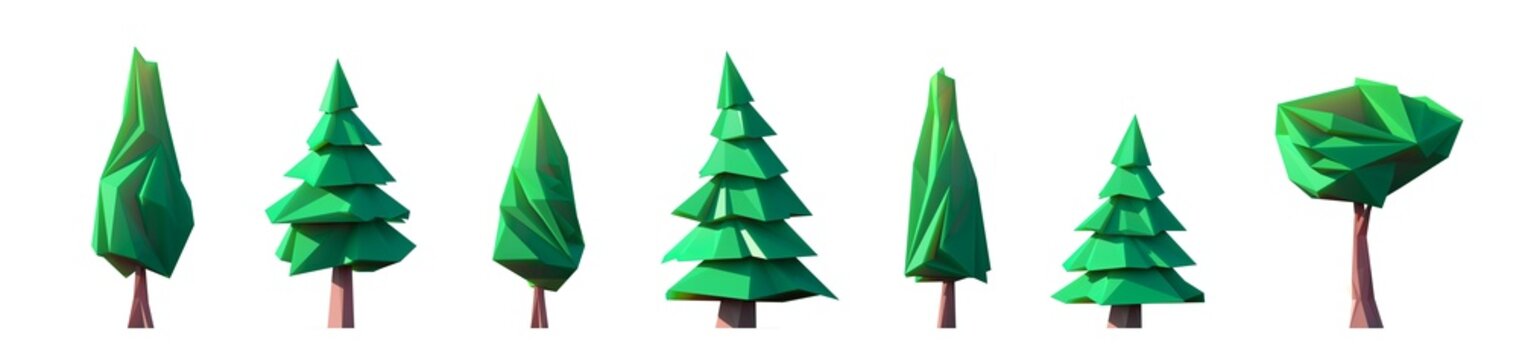 Set of 7 stylized low poly trees isolated png on a transparent background premium cutout (lowpoly foliage, game ready asset)
