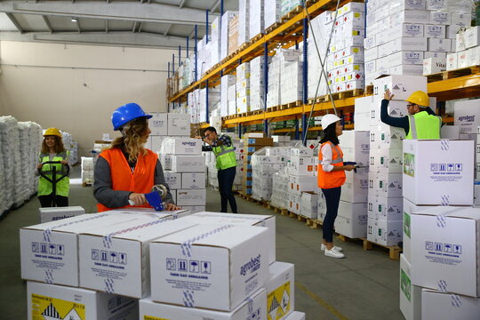In a warehouse, workers wearing hard hats and safety vests stack and label boxes on shelves and pallets, demonstrating a scene of industrial work and logistics. 