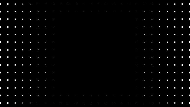 Abstract grid of small square dots moving inward and outward on solid black background creating dynamic frame.