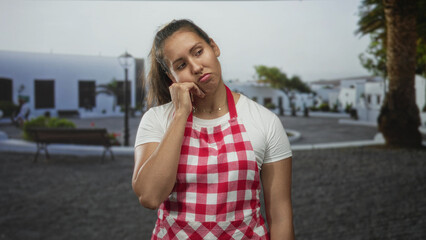 Obraz premium Woman cook wearing red checked apron with hand on chin standing in street plaza while looking sideways; thoughtful reflection.