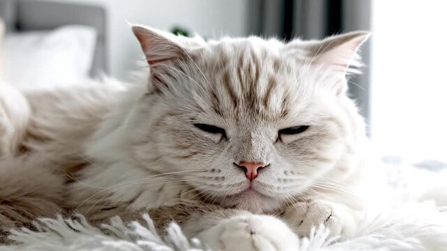 4k cinematic portrait white ragdoll cat blinking blue eyes in modern bedroom.