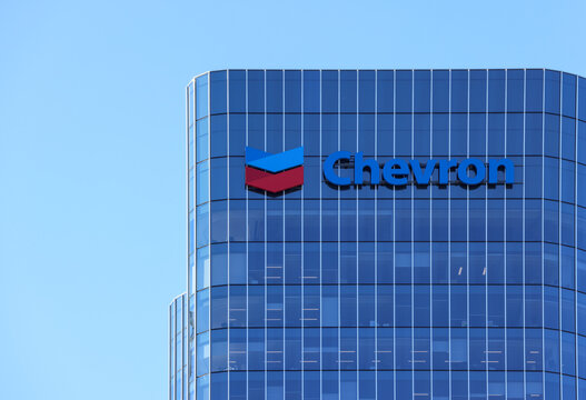 Perth, Western Australia, Australia - May 8 2026: Chevron Australia national headquarters, Esplanade, waterfront, iconic Elizabeth Quay. Copy space in sky