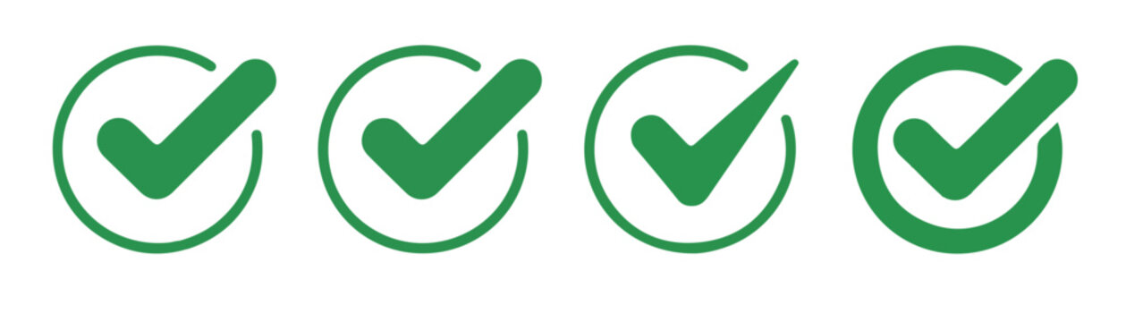 Four green check marks inside circles for approval and success, isolated on transparent background.