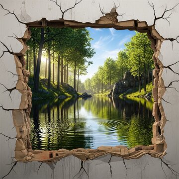 Forest lake scene revealed through cracked wall abstract art illustration