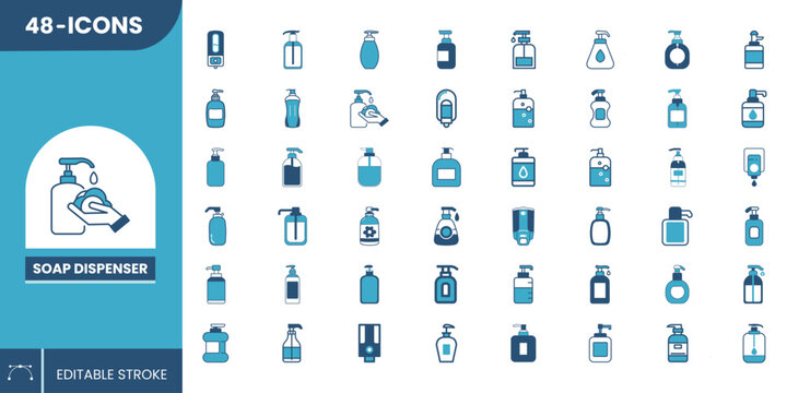 Soap Dispenser Icon Set Vector &ndash; Bathroom Liquid Soap Pump & Hygiene Dispenser Symbols