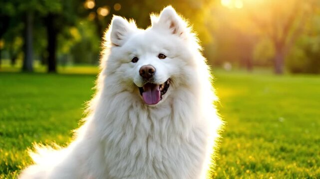 4k cinematic portrait white samoyed dog smiling on green lawn in golden-hour sunlight.
