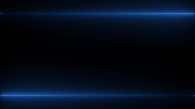 Glowing blue neon light lines moving along top and bottom edges of dark screen abstract background video loop effect.