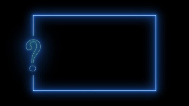 Blue neon question mark and rectangular frame animation flickering on black background for dynamic video creative.