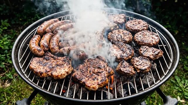 A sizzling grill filled with various meats like sausages, patties, and steaks, releasing heavy smoke during an outdoor barbecue session.