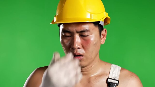 Exhausted construction worker wiping sweat from his face on green screen.