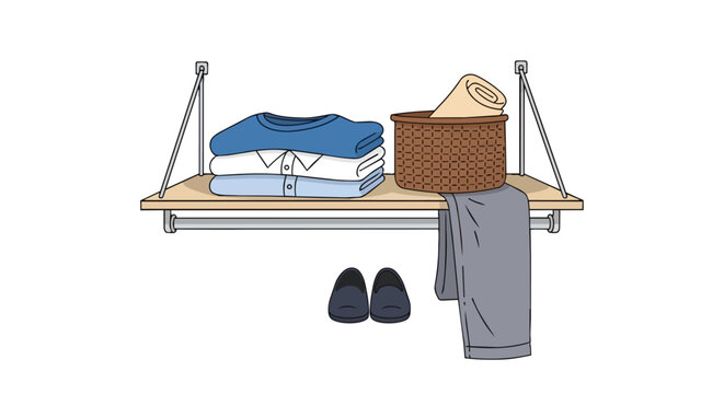 Neat Wall Shelf with Folded Clothes Wicker Basket and Shoes Home Organization Illustration