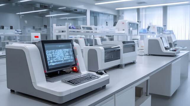 High tech laboratory workstation with DNA sequencing machine, desktop monitor displaying sequencing data, automated analyzers and clean bench equipment in bright clinical research lab environment