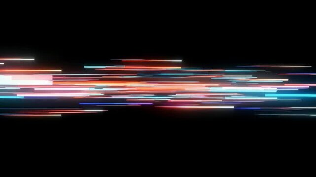 Colorful light trails moving fast on a black background.