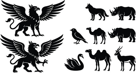 Wild and heraldic animal silhouettes set including griffin wolf camel rhino bird swan and antelope vector collection © Sreejoynaraon