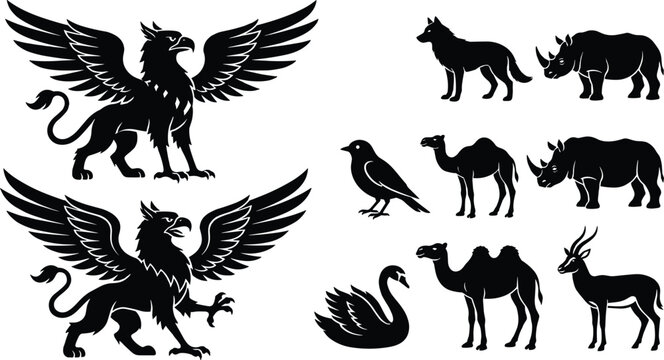 Wild and heraldic animal silhouettes set including griffin wolf camel rhino bird swan and antelope vector collection