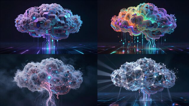 Four futuristic cloud brains blending tech and nature in glowing